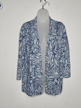 Talbots Blue Paisley Open Front Cardigan Top 100% Cotton Size Medium
